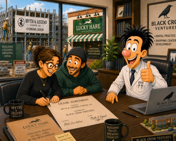 More than a year after Lucky Hare & Night Train Pizza opened, Black Crow Ventures violated their lease. It leased the adjacent space to Myth & Legend, who opened a coffee shop selling sandwiches and other food.