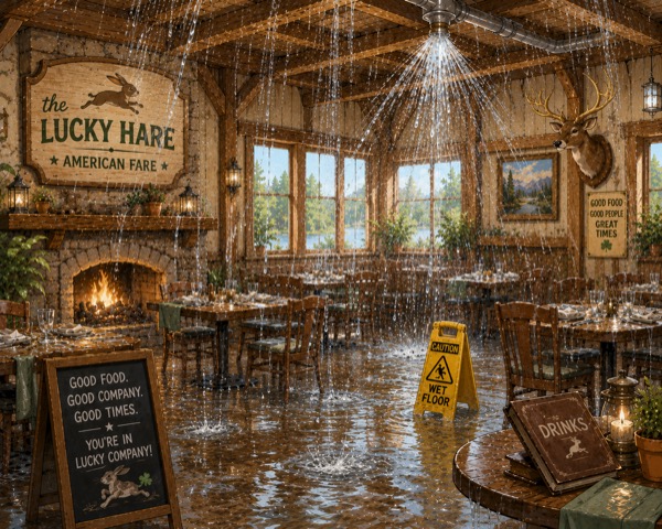 On January 16th, 2026, the sprinkler system over Lucky Hare & Night Train Pizza's main dining room failed, flooding the restaurant and forcing it to close.
