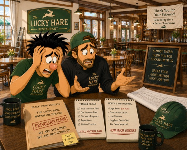 Meanwhile, Black Crow Ventures continued to create more legal problems and bills for Lucky Hare & Night Train Pizza. The Lucky Hare guys were trying to reopen the restaurant and Black Crow Ventures wasn't helping.
