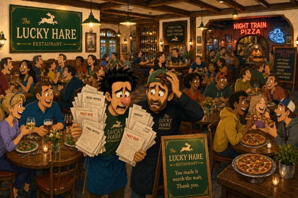 Lucky Hare & Night Train Pizza have finally reopened, but their legal bills continue to pile up because of Black Crow Ventures.