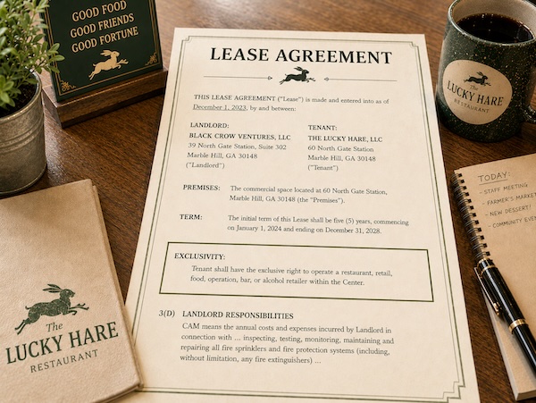 When Lucky Hare & Night Train Pizza signed the lease with Black Crow Ventures, Black Crow Ventures agreed that they would keep the building and all of its systems in good working order.<br><br>Black Crow Ventures also they promised that they would not allow any new restaurant, bar, or retail food stores to open in the plaza.