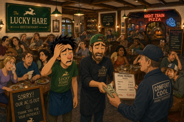 Unfortunately, Black Crow Ventures didn't maintain the building, so Lucky Hare & Night Train Pizza had to pay to fix all the things that kept breaking just so they could stay open.