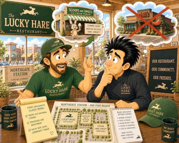 Having exclusivity in the lease protected Lucky Hare's investment without hurting any of the  existing businesses in the plaza.<br><br>It also protected our community from a chain restaurant moving in and undercutting Lucky Hare's business.